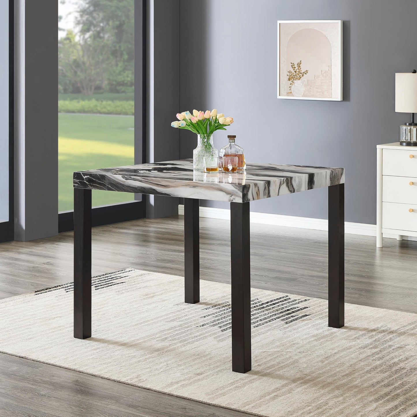 Roundhill Furniture Cavira Modern Faux Marble Counter Height Dining Table with 4 Stools