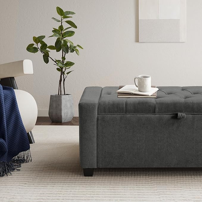 GRAINELL Storage Ottoman Bench, Upholstered Tufted Bedroom Bench with Storage, End of Bed Storage Bench for Living Room & Entryway, 350 lb Capacity, Linen Dark Gray