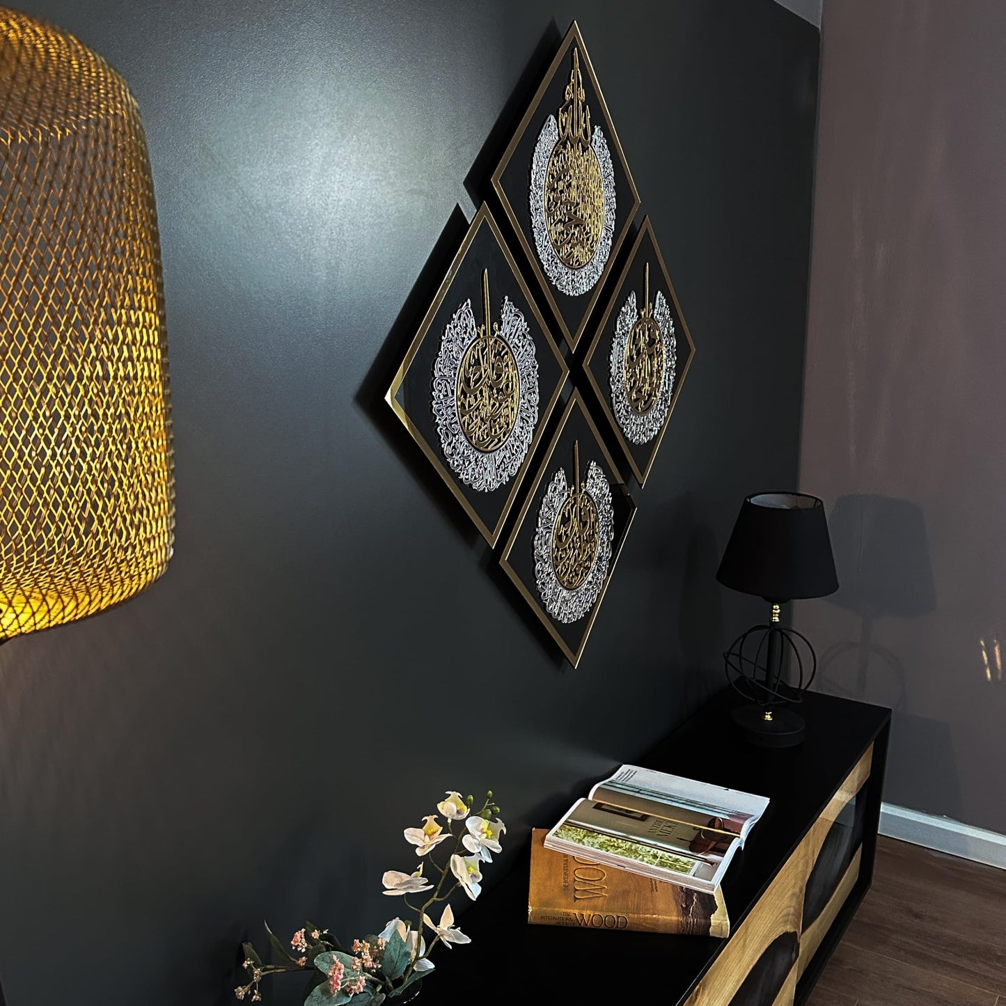 iwa concept Ayatul Kursi, Surah Al Ikhlas, Al Falaq and Al Nas Tempered Glass Set Islamic Wall Art, Quran Verse Arabic Calligraphy Decor, Islamic Gift for Muslims at Ramadan (Black Glass)
