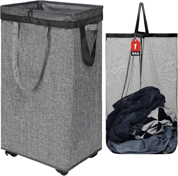 DOKEHOM 90L X-Large Laundry Basket with Removable Wash Bag on Wheels, Collapsible Rolling Laundry Hamper, Foldable Clothes Organizer, Folding Washing Bin (Linen Grey)