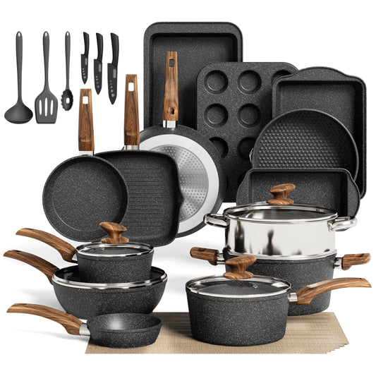 MAISON ARTS 30 Piece Pots and Pans Set Non Stick, Kitchen Cookware & Bakeware Sets with Nonstick Granite Coating, Baking Tray, Frying Pan and Saucepan, Black