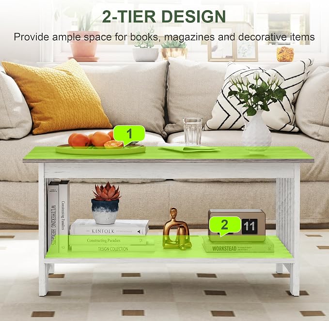 YOSHOOT 39.4" Farmhouse Coffee Table, Small Coffee Tables for Living Room | Grey, 2 Tier Coffee Table with Storage, Tea Table for Living Room Bedroom Small Space