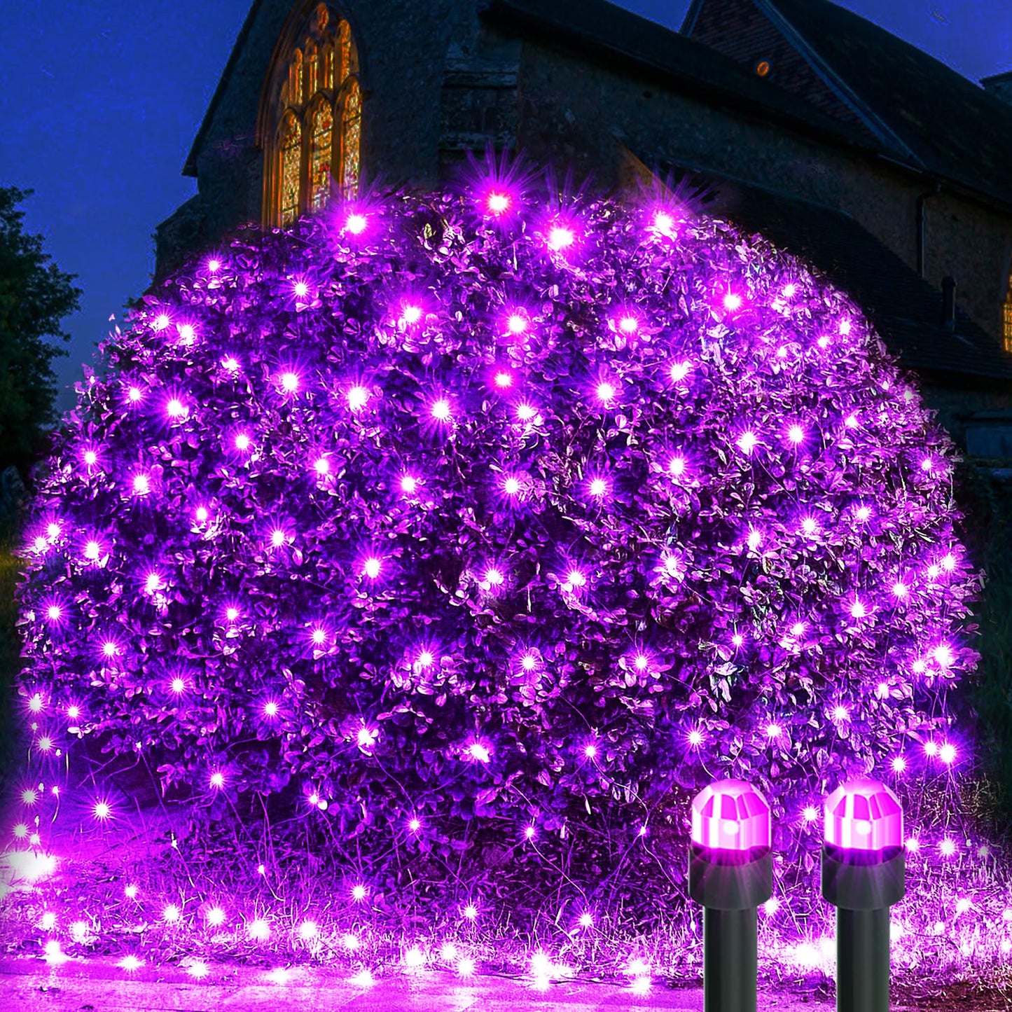 WBao Halloween Lights Outdoor 200LED F8 Big Bulbs, 8.4ft x 5.2ft Halloween Net Lights with 8 Modes, Timer, Connectable, Waterproof & Dark Green Wire for Lawn, Bushes, Trees Outdoor Decorations, Purple