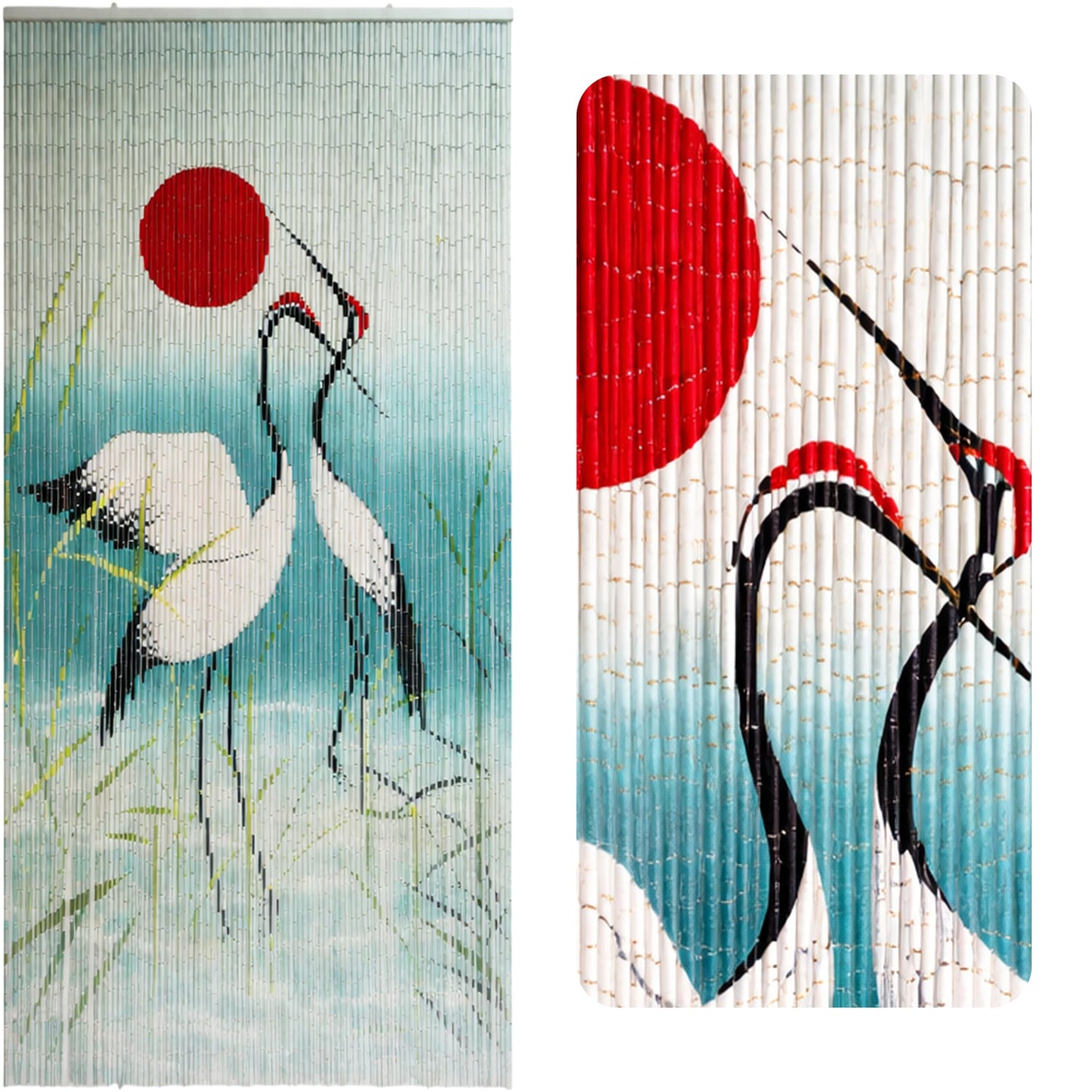 Vietbud Décor Cranes with Red Sun Beaded Curtains for Doorways, Decorative Room Divider, Natural Vietnamese Craft, Indoor Hanging Bamboo Blinds, Sturdy Hook, Easy to Clean, 35.43 x 78.74 Inches