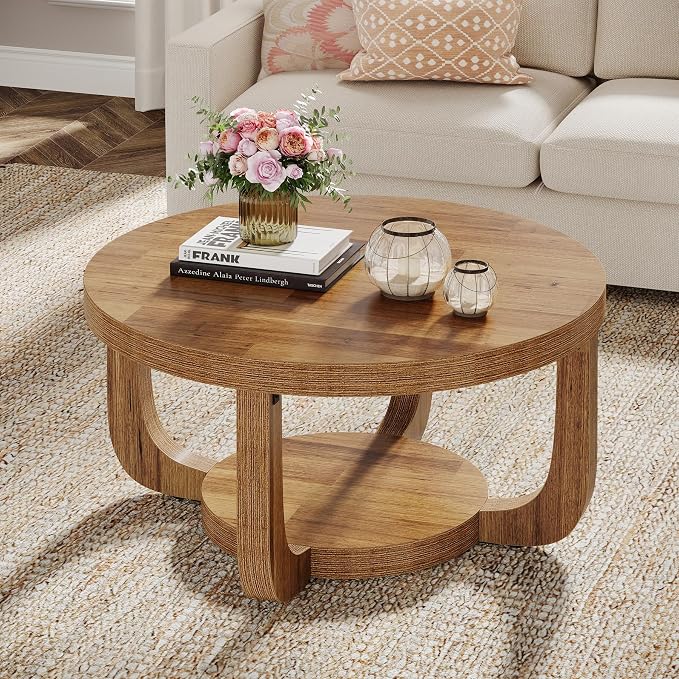 Tribesigns Round Coffee Table, 2-Tier Circle Coffee Table with Storage, Modern Wooden Accent Center Table for Living Room, Thick Tabletop & Base (Rustic Brown)