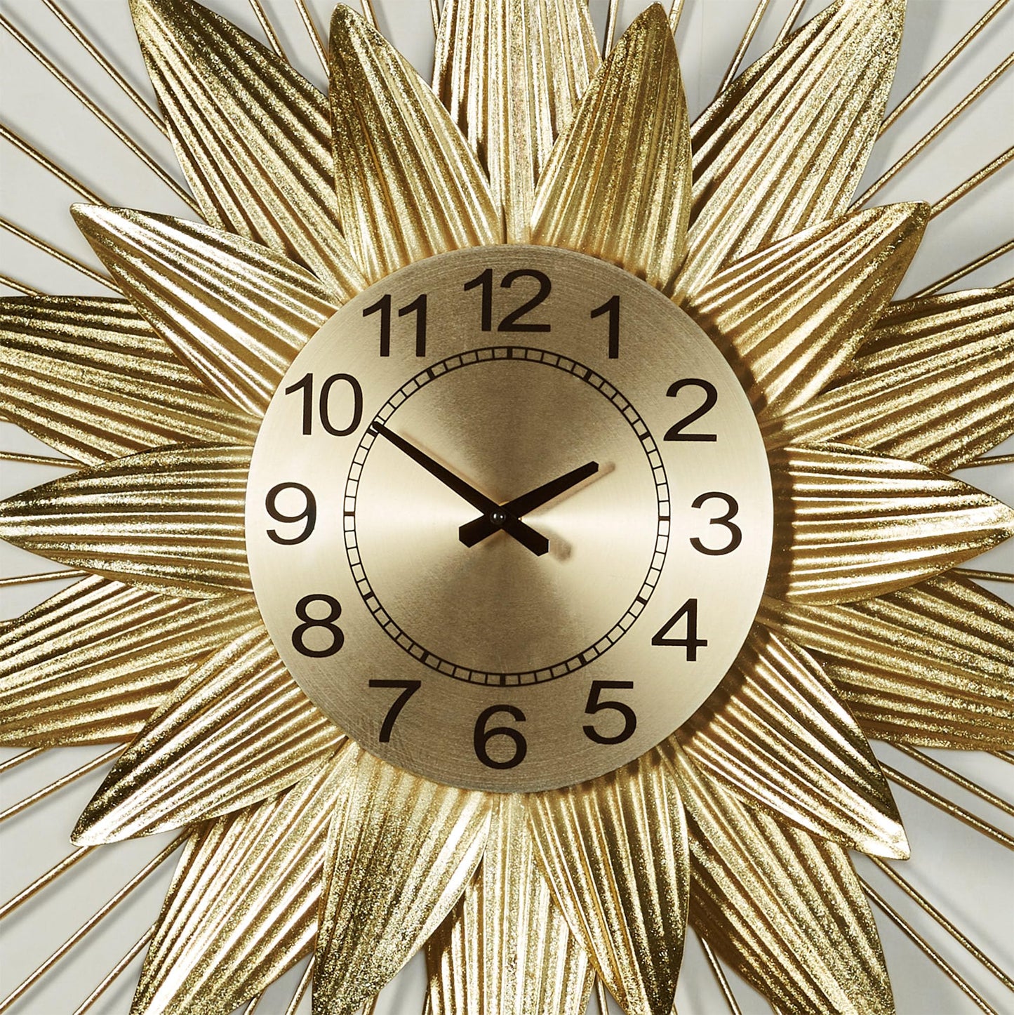 Radiant Burst Multi-Layered Wall Clock | Metallic Gold Foil Finish | Center Quartz Movement Wall Clock with Bold Numerals | Radiating Abstract Sunburst or Flower-Like Shape With Layered Rods & Petals