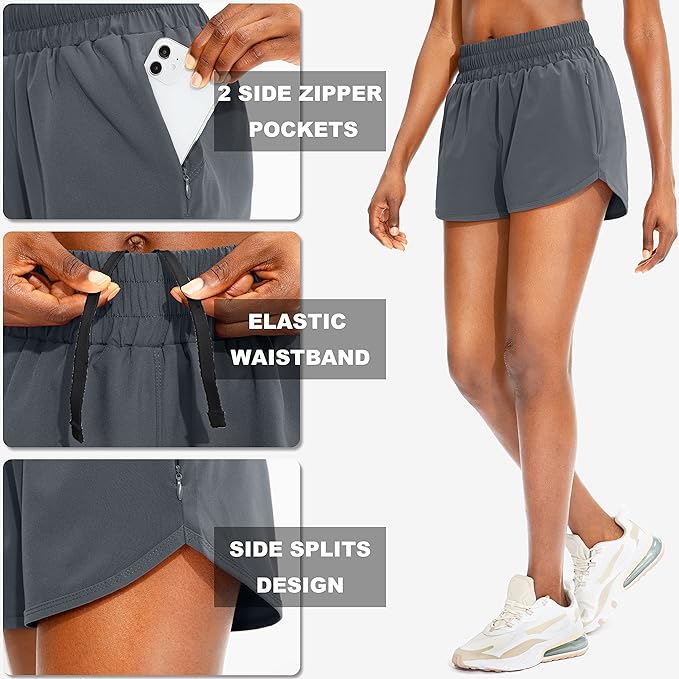 SANTINY Women's Running Shorts with Zip Pockets High Waisted Athletic Workout Gym Shorts for Women with Liner