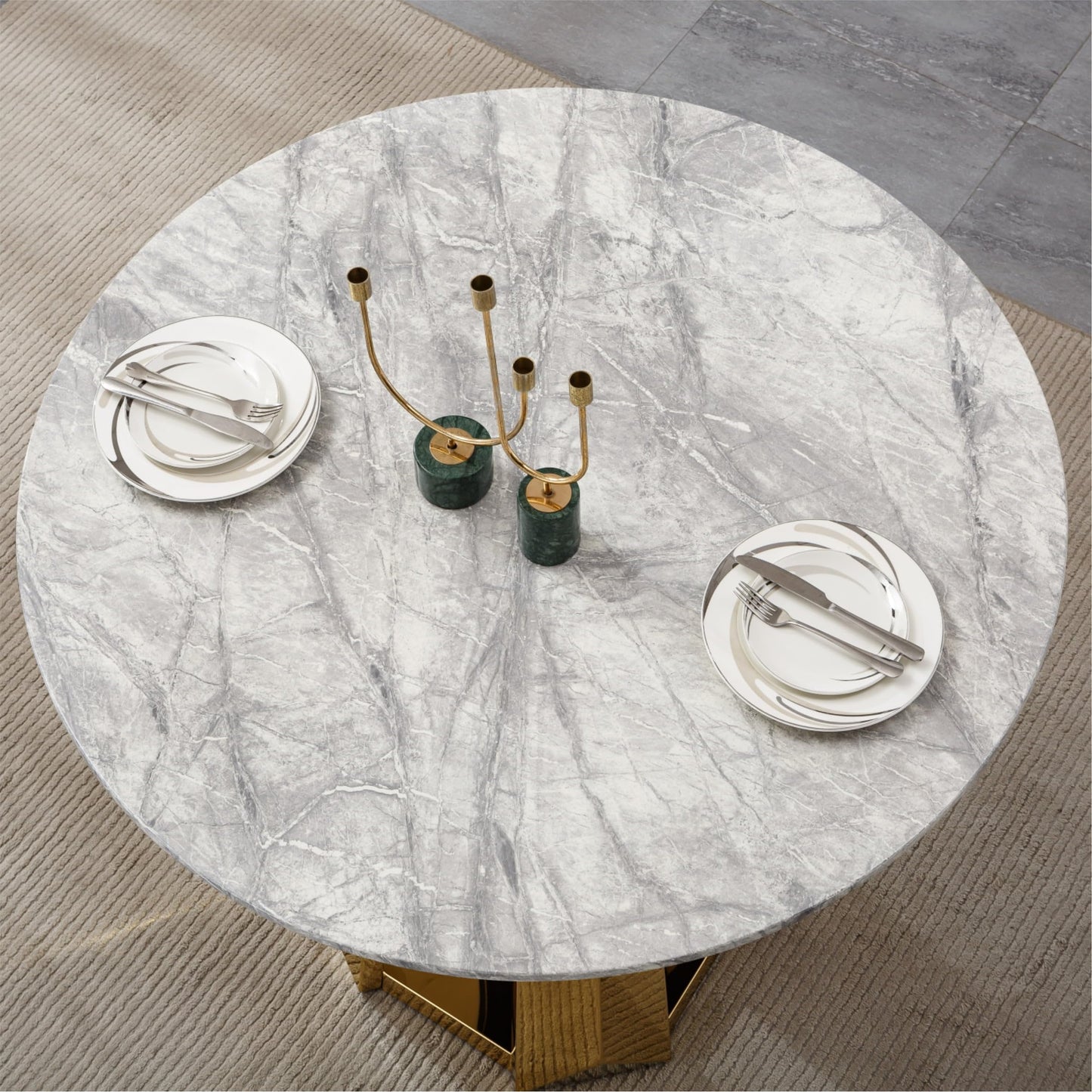 Glyph Form Round Faux Marble 47" Dining Table for 4-6, Luxury Gold Kitchen Table with Stainless Steel Base, Easy to Clean & Heavy Duty Modern Dining Room Table for Home Office,Grey, MDF(Table Only)