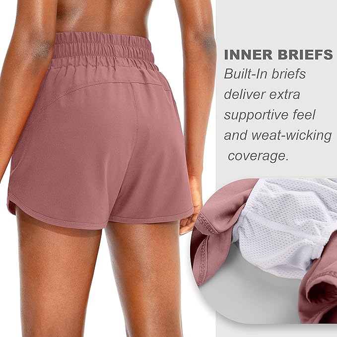 SANTINY Women's Running Shorts with Zip Pockets High Waisted Athletic Workout Gym Shorts for Women with Liner