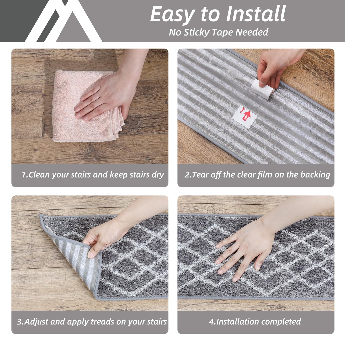 COSY HOMEER Soft Stair Treads 15pcs Non-Slip Carpet Mat 28inX9in Indoor Stair Runners for Wooden Steps,Stair Rugs for Kids and Dogs, 100% Polyester TPE Backing Grey,Rhombus