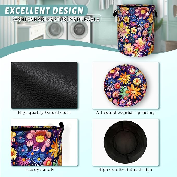 Abstract Hippie Flower Laundry Basket Watercolor Floral Laundry Hamper Foldable Oxford Cloth Colorful Tote Bag Clothes Toy Storage Bucket For Bathroom/Laundry Storage/Bedroom 18.9 x 16.5 Inch