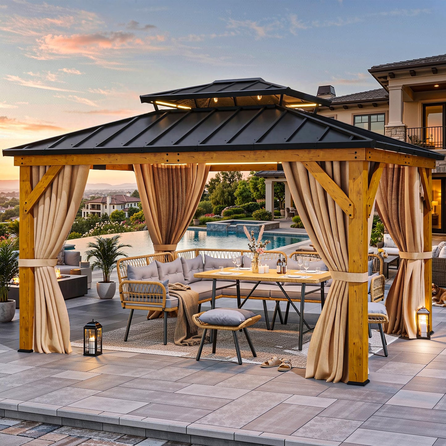 YITAHOME 11X13 Wood Gazebo Hardtop with Nettings and Curtains, Heavy Duty Double Roof Galvanized Steel Outdoor Wood Frame Roof for Patio, Backyard, Deck, Lawns