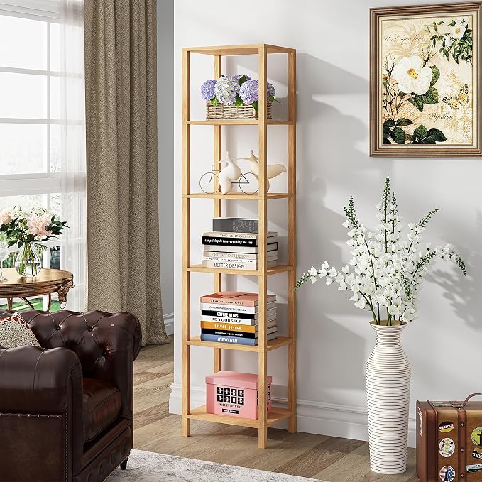 TUTOTAK Bookshelf, 6-Tier Tall Book Shelf, Narrow Bookcase for Small Space, DIY Stackable Bookshelf, for Living Room, Office, Study, Entryway, Industrial, Natural BS01BN006