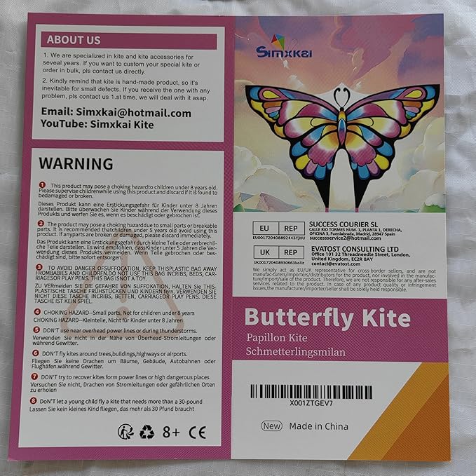 Simxkai Butterfly Kite for Kids & Adults, Easy to Fly Blue Big Kite for Beginners, Line Handle Included (1Pack 2Pack)