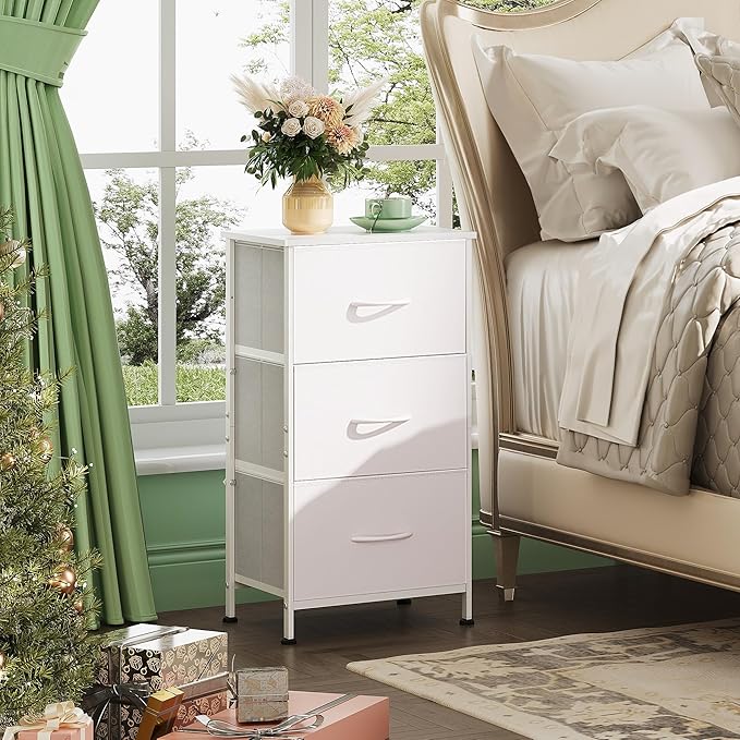WLIVE Nightstand with 3 Drawers, Fabric Dresser, Organizer Unit, Storage Dresser for Bedroom, Hallway, Entryway, Closets, Sturdy Steel Frame, Wood Top, Easy Pull Handle, White