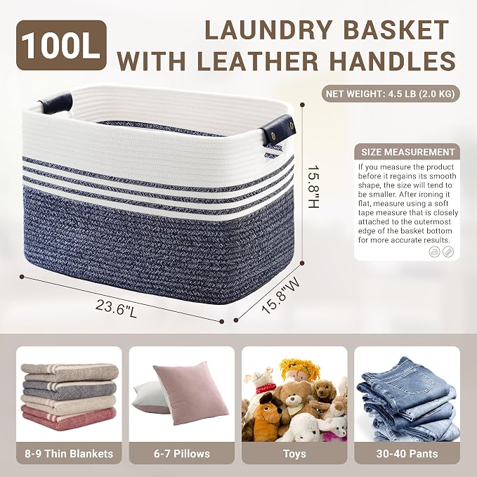 100L Extra Large Laundry Basket with Leather Handles for Living Room Storage,Woven Rope Baskets for Blanket,Kids Toy,Gifts,Wicker Hamper for Bedroom Dirty Clothes,24"x16"x16" Denim Blue