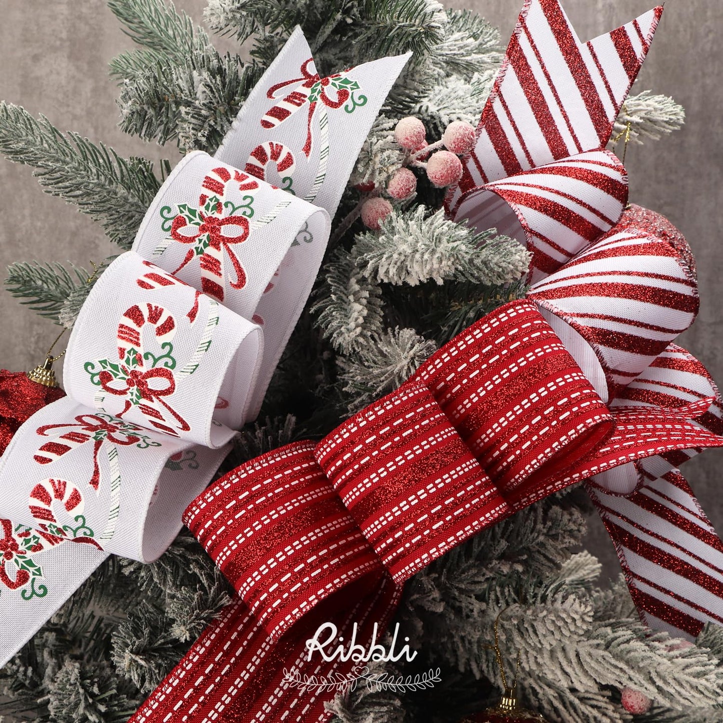 Ribbli Christmas Ribbon Wired Red White Christmas Tree Ribbon Candy Cane Glitter Burlap Ribbons for Topper Bow Crafts Gift Wrapping Wreaths Garland Home Decor -2.5 Inch x 6 Rolls Total 30 Yard