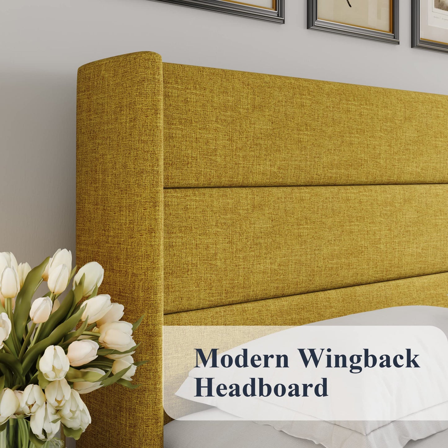 Allewie Queen Size Lift Up Storage Bed, Modern Wingback Headboard, Hydraulic Support, No Box Spring Needed, Olive Yellow