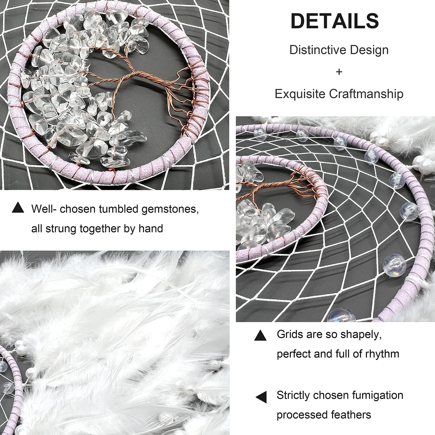 Dream Catchers, White Dream Catcher Tree of Life Wall Decor, with Natural Healing Crystal Stone, Perfect Rock Crystal Handmade Dreamlike Dream Catchers for Bedroom Decor Art Craft Gift