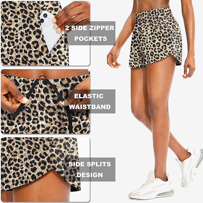SANTINY Women's Running Shorts with Zip Pockets High Waisted Athletic Workout Gym Shorts for Women with Liner