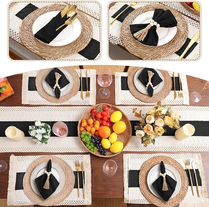4 Sets Boho Decoration Placemats Round Woven Placemats, Cloth Napkins, Wood Bead Napkin Rings, Long Table Runner and Farmhouse Burlap Cotton for Table Kitchen (Black,12x72)