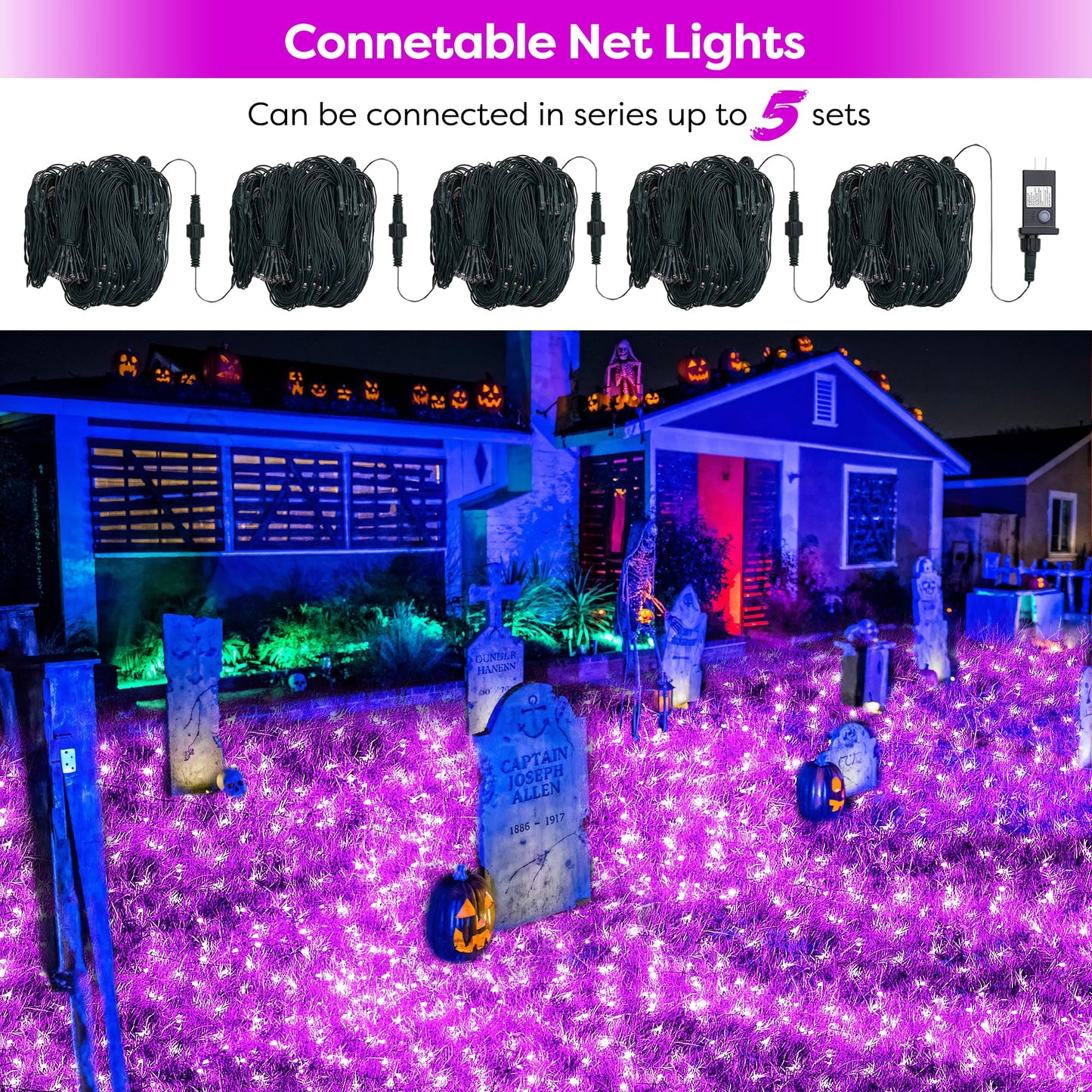WBao Halloween Lights Outdoor 200LED F8 Big Bulbs, 8.4ft x 5.2ft Halloween Net Lights with 8 Modes, Timer, Connectable, Waterproof & Dark Green Wire for Lawn, Bushes, Trees Outdoor Decorations, Purple