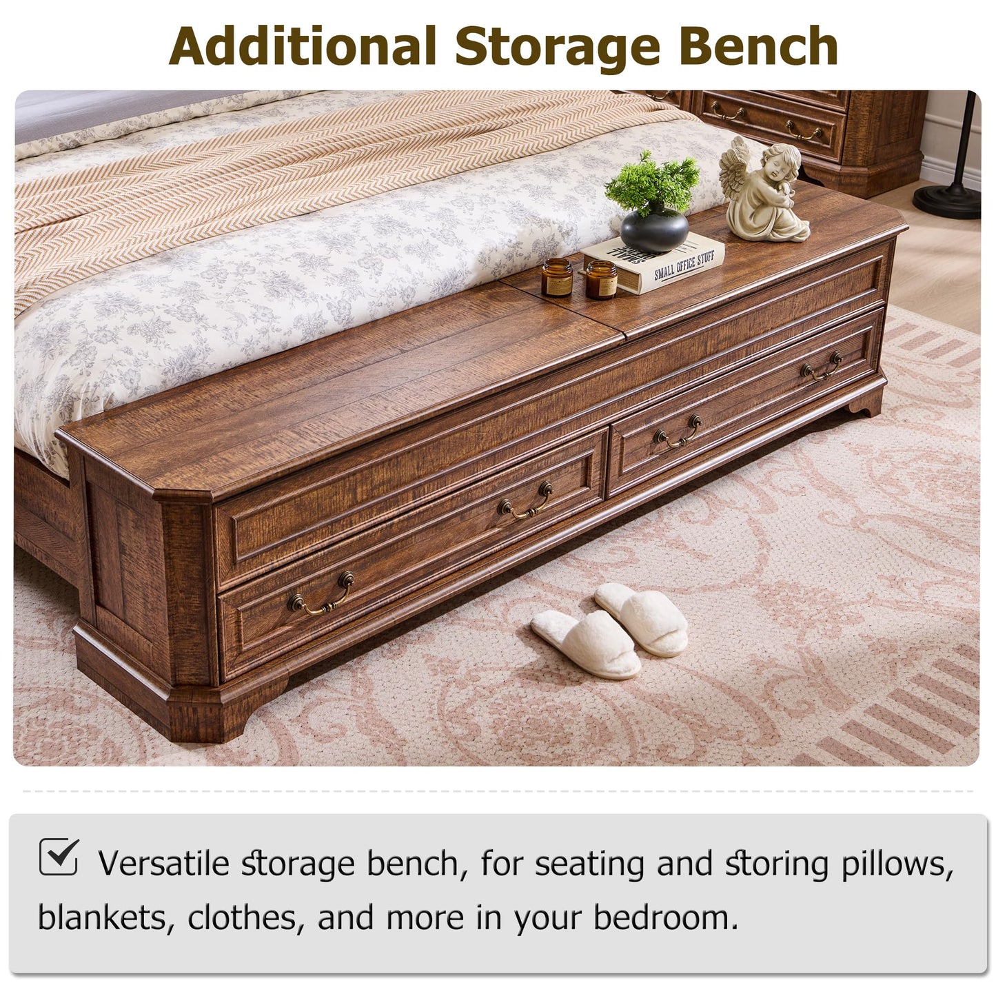 T4TREAM Farmhouse Queen Bed with Headboard and Storage Bench, Rustic Wood Platform Bed with 64" Storage Chest w/ 4 Large Drawer, Dark Brown