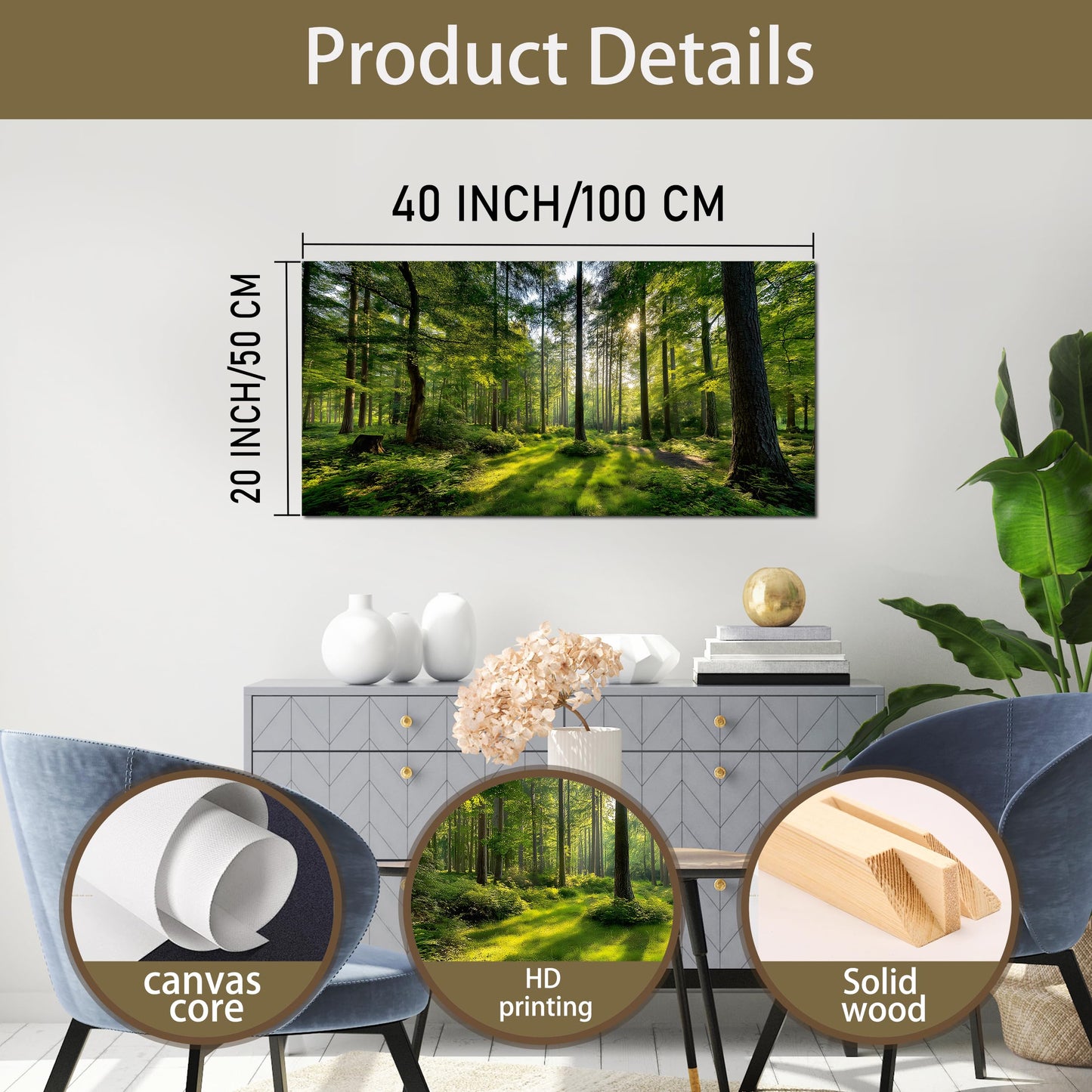 Tarfupth Large Forest Wall Art for Living Room Green Woodland Landscape with Sunlight Modern Nature Wall Decor for Bedroom Office Home Decor 20"x40"