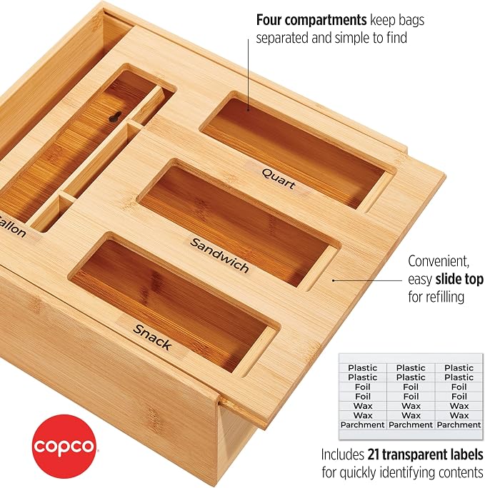 Copco Bamboo Storage Bag Organizer with Labels - 4-Compartment Kitchen Drawer or Wall Mount Holder for Gallon, Quart, Sandwich and Snack Bags, 13 x 12 x 3 Inches