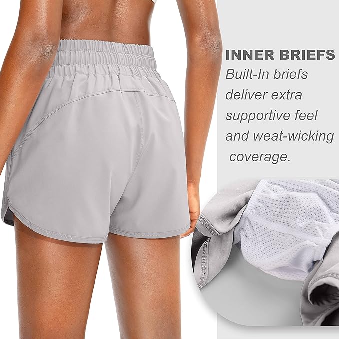 SANTINY Women's Running Shorts with Zip Pockets High Waisted Athletic Workout Gym Shorts for Women with Liner