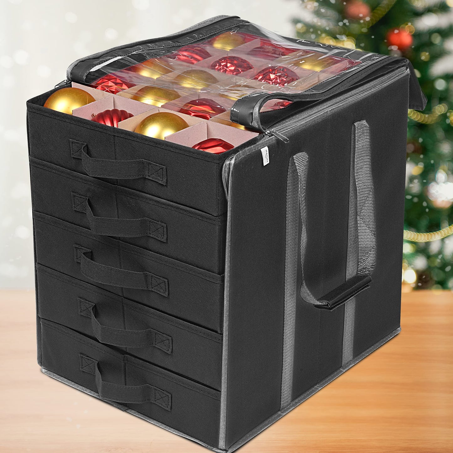 ProPik Christmas Ornament Storage Boxes with Dividers - 5 Separate Trays - Ornament Holder - Keeps 100 Holiday Ornaments - Durable Carrying Bag Handles Organizer Storage Box (Black)