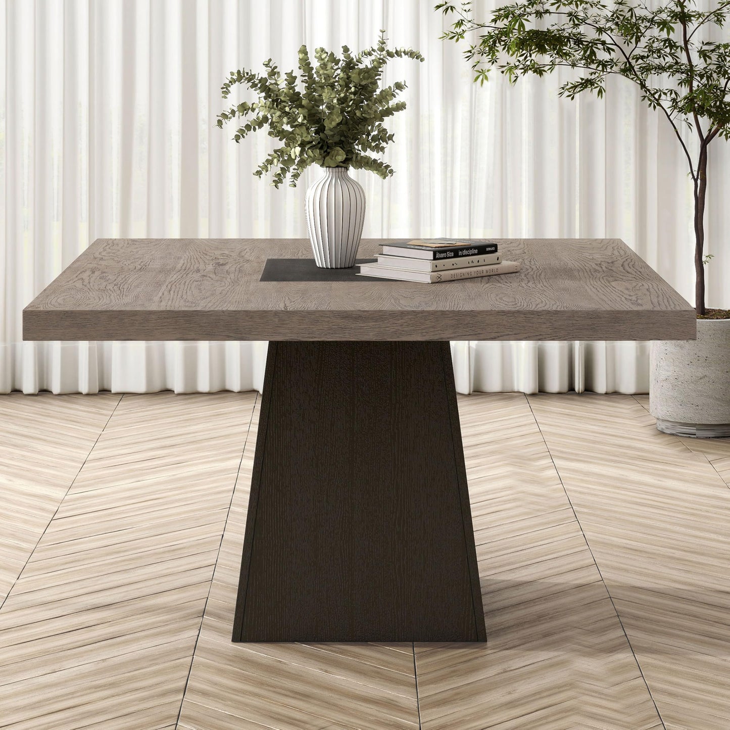 Furniture of America Demi Modern Solid Wood 54-inch Square Dining Table with Cone-Shaped Pedestal Base, Two-Tone Design, Seats up to 4, for Home Kitchen, Living Room, Dinettes, Rustic Oak/Dark Walnut