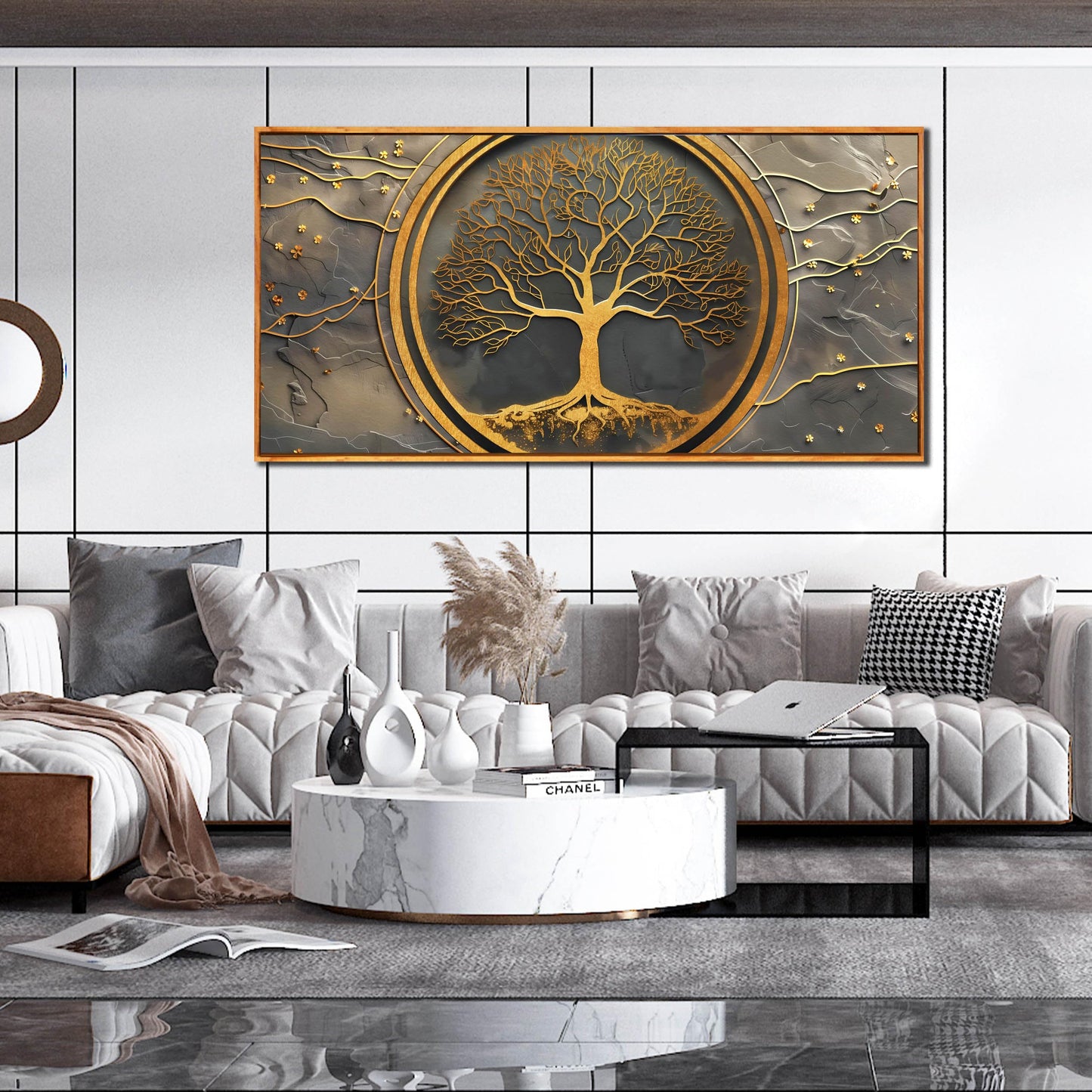 Tree Pictures Wall Art for Living Room - Gold Modern Wall Decor Office - Wooden Framed Wall Art Size 29" x 59"
