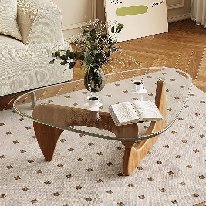 Coffee Table for Living Room Mid Century Modern Center Table with Glass Top and Wood,36 Inch, Transparent/Walnut