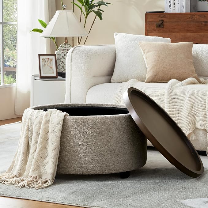 Zihanhome 30 Inch Round Storage Ottoman, Ottoman Coffee Table with Lift Off Lid, Boucle Modern Ottomans with Storage for Living Room, Bedroom, Apartments (Light Brown Striped)