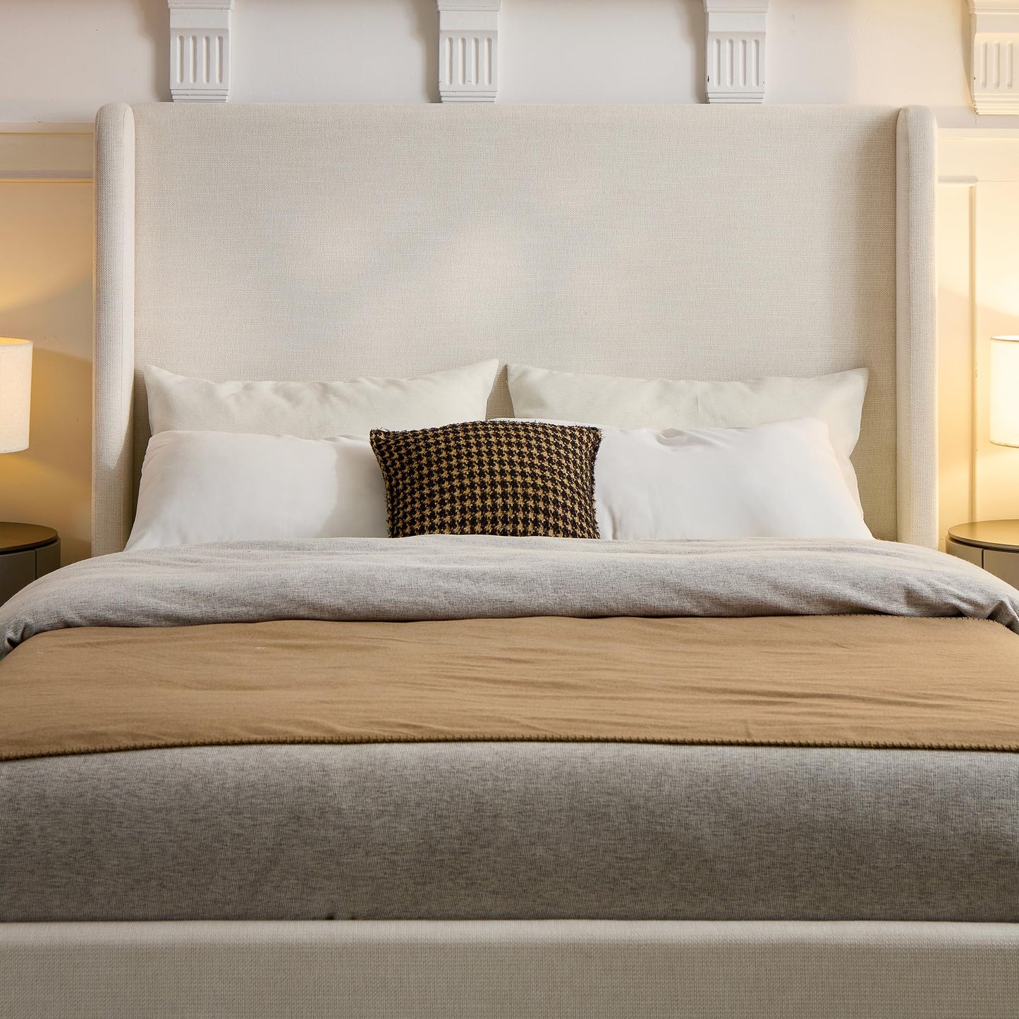 Tall Headboard Upholstered Bed,Queen Size Platform Bed Frame with 54" High Wingback Headboard,No Box Spring Needed,Wood Slat Support,Easy Assembly,Modern Minimalist Premium Textured,Ivory Chenille