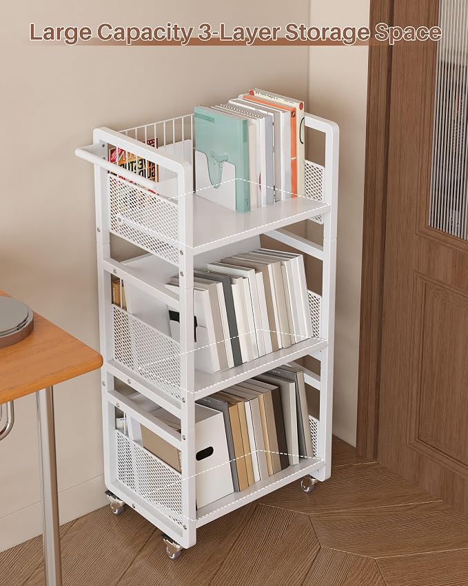 UMDONX Heavy-Duty Double-Sided Book Cart with Silent Wheels and 3 Magnetic Book Shelves, Rolling Book Shelf, Library Book Cart, Suitable for Home, Office, or School （White）