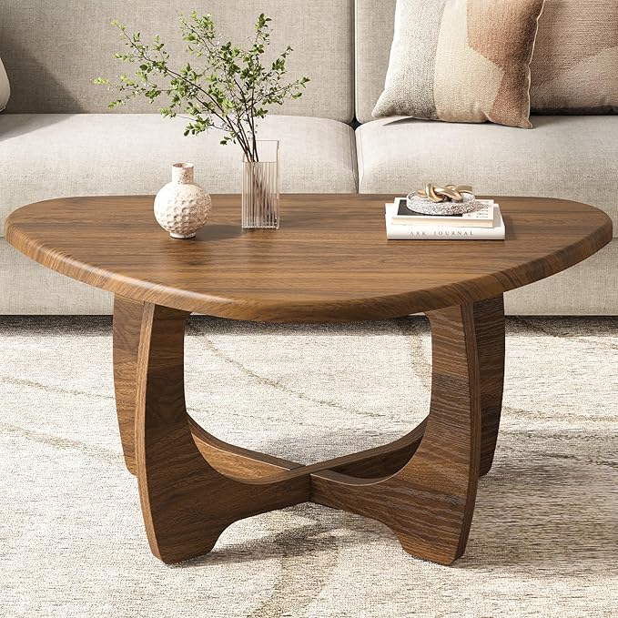 Coffee Table for Living Room - Mid Century Modern Coffee Tables with Triangle Top, Unique Small Round Coffee Table, Wood Oval Tea Table with Solid Legs for Bedroom, 35.8"x 22.5" x 16.2" Walnut