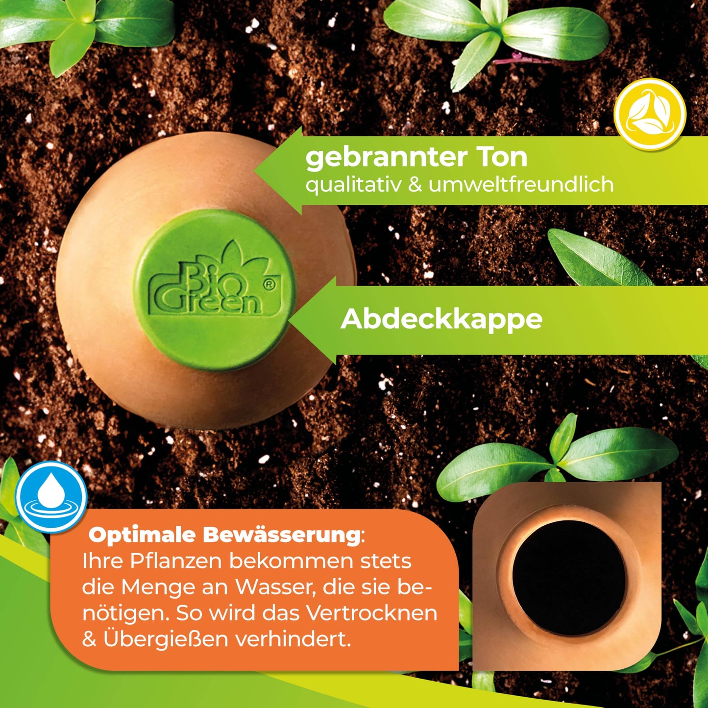 BioGreen Plant Self-Watering System Hydro MAX S | 0.3 gal | Irrigation Ø 23.6 in | Olla Made of Fired Clay | Watering Globe | Terracotta Water Saver for Gardens, Vegetables & Raised Beds