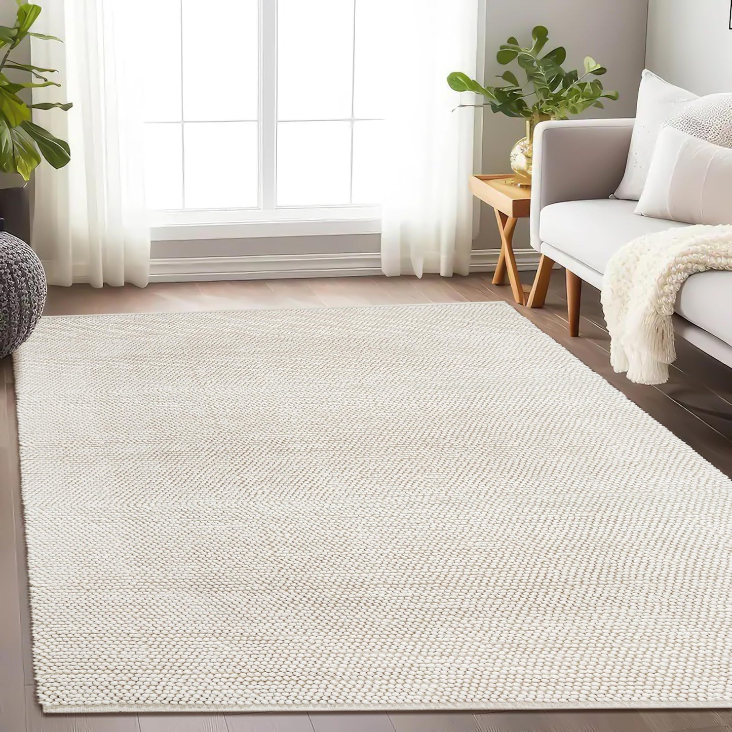 Savi Home Handwoven Wool Cotton Blend Area Rug 4x6', Textured Popcorn Braided Ivory Rug, Soft Thick Farmhouse Contemporary Living Room Carpet, Neutral Modern Decorative Floor Rug