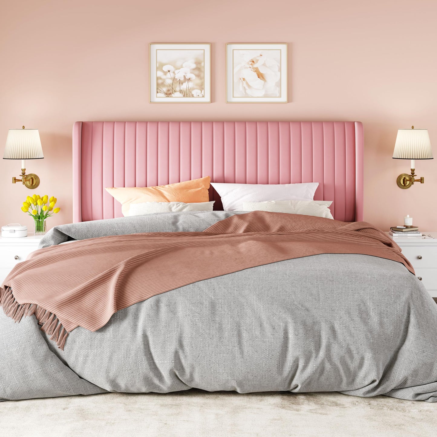 Allewie King Size Velvet Bed Frame/Vertical Channel Tufted Wingback Headboard/Upholstered Platform Bed/Strong Wooden Slats/No Box Spring Needed/Easy Assembly/Pink