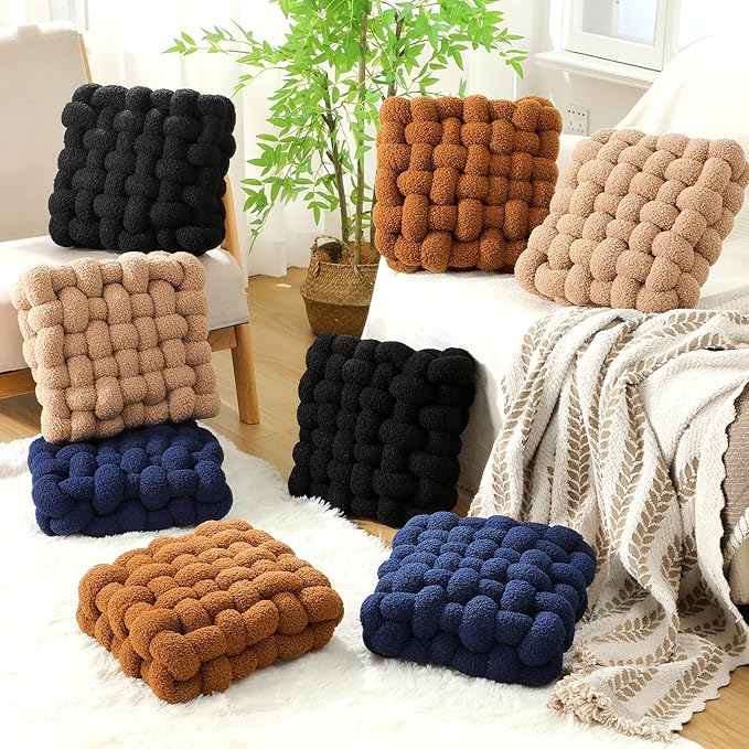 Wenqik 2 Pcs Knot Pillows Square Knotted Plush Throws Soft Accent Pillows Decoration Cushion for Couch Home Office Living Room Bedroom Bed Sofa Decor, 12'' x 13''(Black,Lambswool)