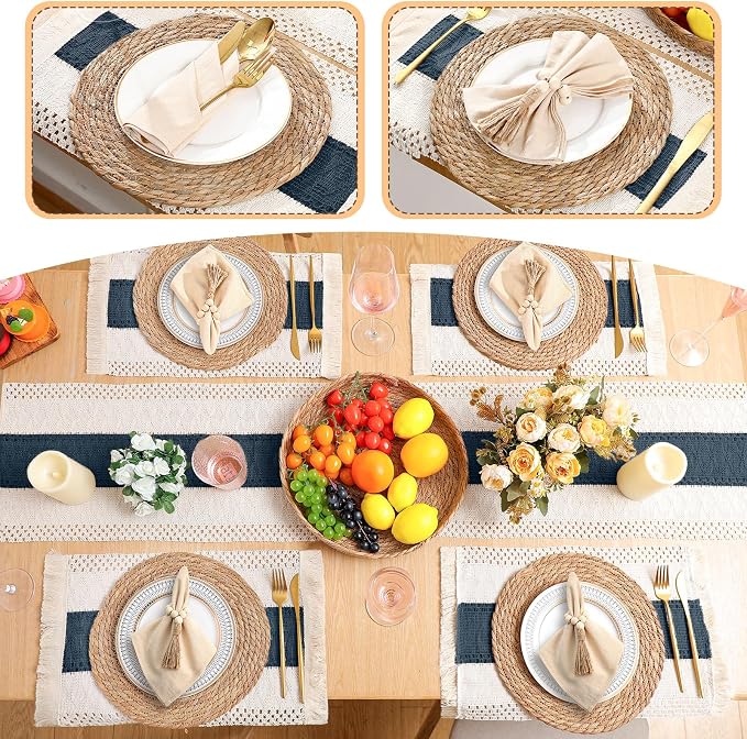 4 Sets Boho Decoration Placemats Round Woven Placemats, Cloth Napkins, Wood Bead Napkin Rings, Long Table Runner and Farmhouse Burlap Cotton for Table Kitchen (Blue,12x72)