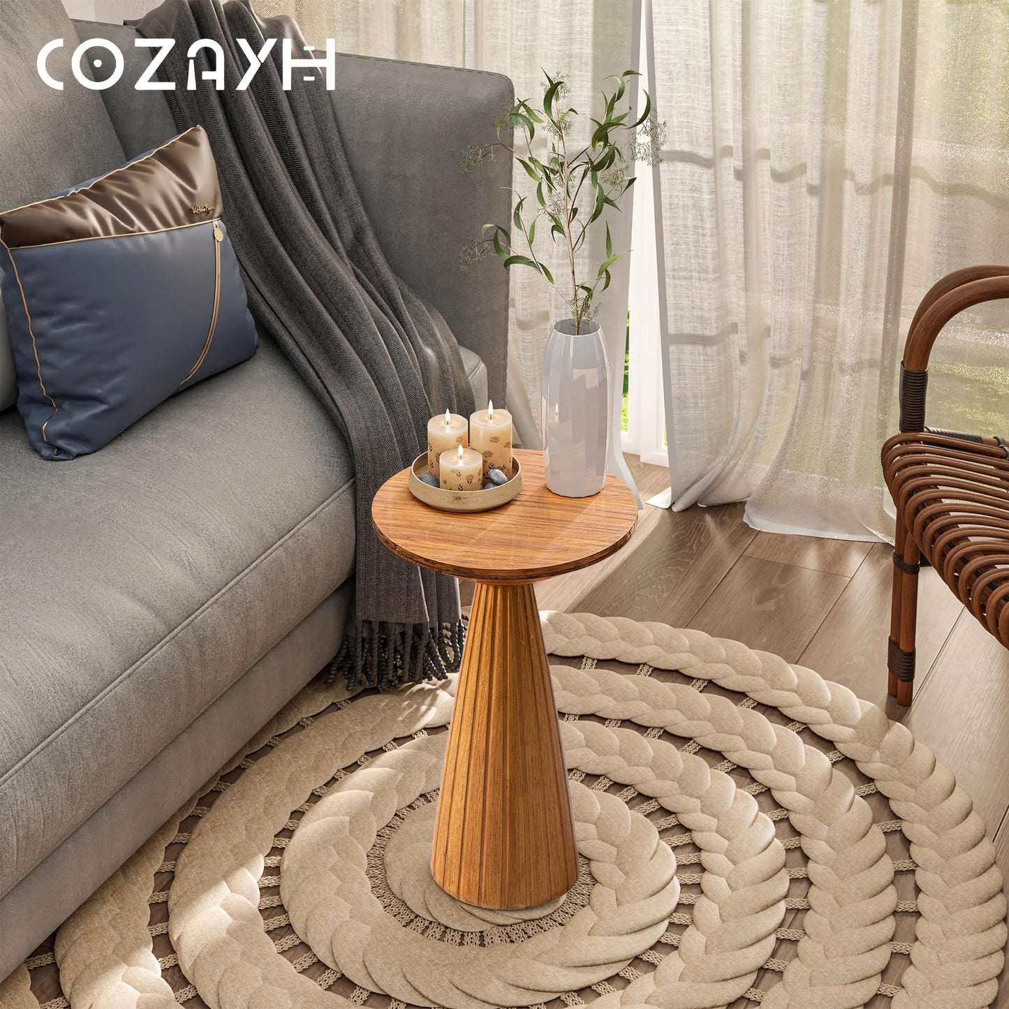 COZAYH Martini Pedestal Table, Small End Table - Drink Stand with Round Wood TableTop & Modern Textured Finish for Small Spaces, Walnut