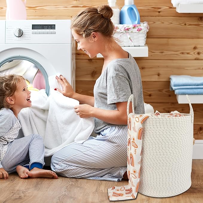 XUANGUO Cotton Rope Laundry Basket Hamper for Clothes Woven Storage Basket for Living Room Bedroom Boho Tall Rope Baskets for Blanket Toys Pillow Towels Baby Nursery Hamper Bin striped