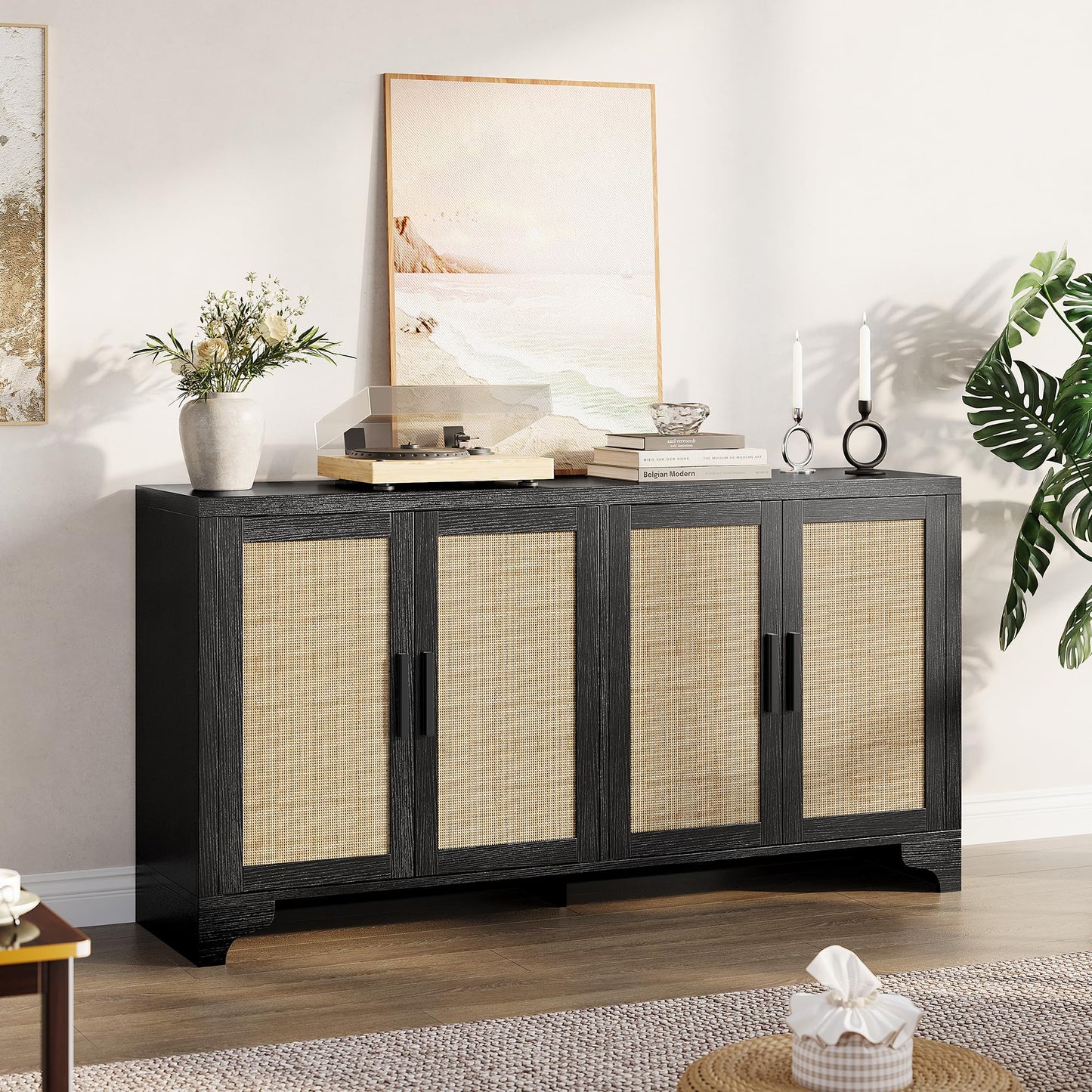 Farmhouse Large Sideboard Buffet with Natural Rattan Doors, 4-Door Storage Cabinet for Kitchen, Living Room, or Entryway, Spacious Storage Solution, Rustic Accent Cabinet for Home Organization