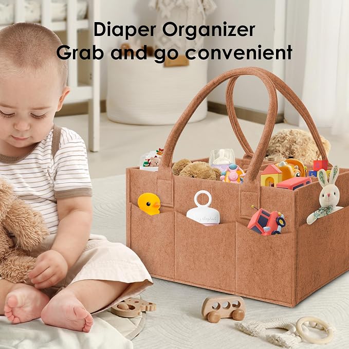 HIPHOP PANDA 2-Pack Diaper Caddy Organizer - Nursery Storage Bin & Car Organizer for Diapers, Wipes, and Baby Essentials - Dual-Color Solid Set (Caramel/Oatmeal), Regular Size