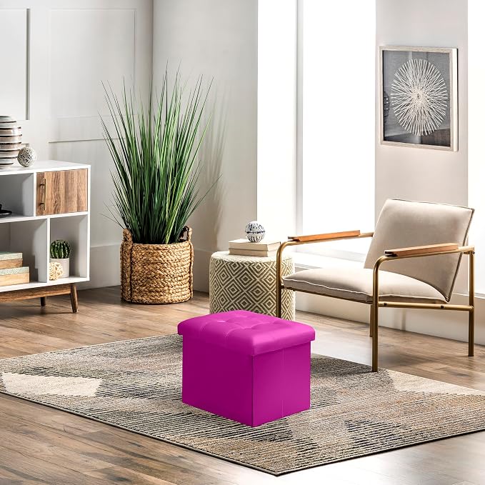 AmasSmile Storage Ottoman Foot Rest Stool, 17 inch Velvet Footstool Bench, Hot Pink Short Ottomans Stool, Small Folding Storage Ottoman Store Books, Record