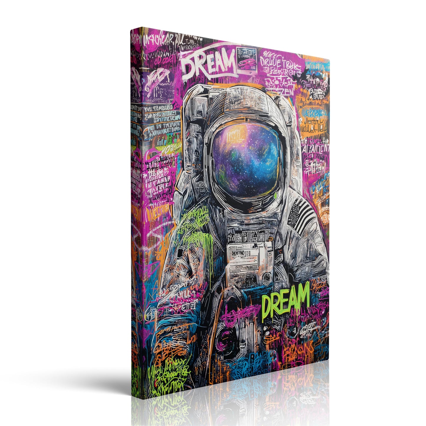Graffiti Astronaut with DREAM Text Galaxy Visor Canvas Wall Art Framed Banksy Style Painting Prints Posters Artwork for Boys Room Space Themed Wall Decor 12x16 Inches