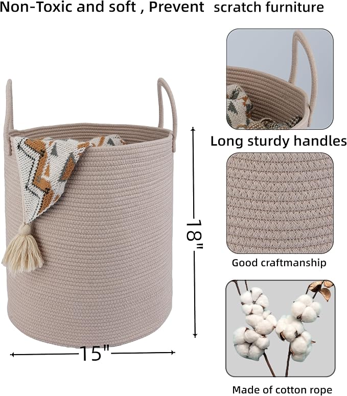 XUANGUO Cotton Rope Laundry Basket Hamper for Clothes Woven Storage Basket for Living Room Bedroom Boho Tall Rope Baskets for Blanket Toys Pillow Towels Baby Nursery Hamper Bin Konjac